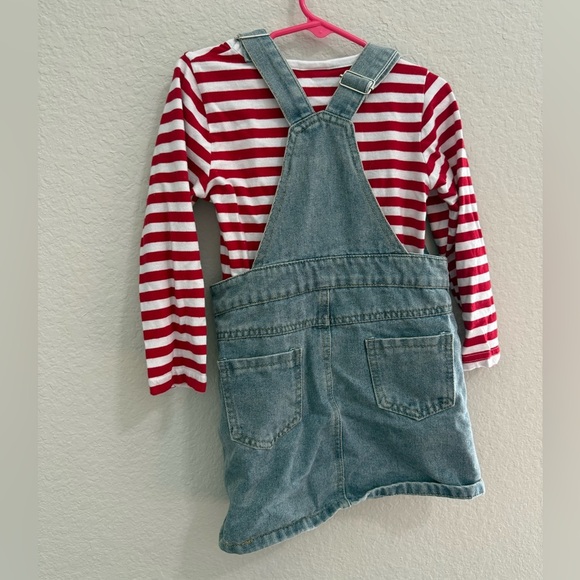 Girls Christmas Overall Dress with Red and White Striped Shirt Size 4T Santa - Picture 2 of 2